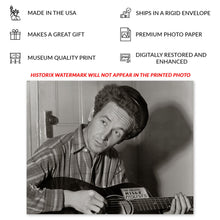 Load image into Gallery viewer, Digitally Restored and Enhanced 1943 Woody Guthrie Photo Print - Vintage Portrait Photo of Woody Guthrie Playing Guitar - Woody Guthrie Old Poster Photo