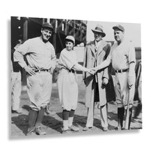 Load image into Gallery viewer, Digitally Restored and Enhanced 1952 Jackie Mitchell & Babe Ruth Photo Print - Old Photo of Jackie Mitchell and Babe Ruth with Lou Gehrig Joe Engel Poster
