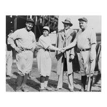 Load image into Gallery viewer, Digitally Restored and Enhanced 1952 Jackie Mitchell &amp; Babe Ruth Photo Print - Old Photo of Jackie Mitchell and Babe Ruth with Lou Gehrig Joe Engel Poster
