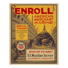 Load image into Gallery viewer, Digitally Restored and Enhanced 1941 Enroll Merchant Marine Philadelphia WWII WPA Federal Art Project Recruitment Poster - World War II Military Propaganda - Archival Reproduction