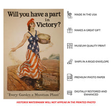 Load image into Gallery viewer, Digitally Restored and Enhanced 1918 Victory Garden Liberty Sowing Seeds WWI Poster - World War I Home Front Propaganda - Archival Reproduction
