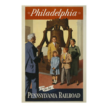 Load image into Gallery viewer, Digitally Restored and Enhanced 1955 Philadelphia Pennsylvania Railroad Travel Poster - Vintage Liberty Bell Tourism Art - American Railway History - Archival Reproduction