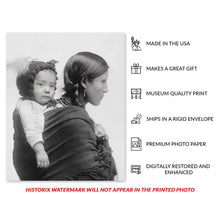 Cargar imagen en el visor de la galería, Digitally Restored and Enhanced 1901 Native American Woman Photo Print - Vintage Portrait Photo of Native American Woman with Baby on Back Wall Art Poster