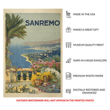 Load image into Gallery viewer, Digitally Restored and Enhanced 1920 Sanremo Italian Riviera Mediterranean Travel Poster - European Tourism Art - Archival Reproduction