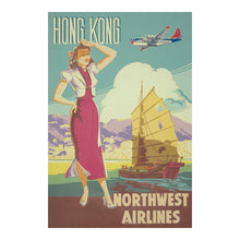 Load image into Gallery viewer, Digitally Restored and Enhanced 1950 Hong Kong Northwest Airlines Travel Poster - Asian Harbor Skyline - Mid-Century Transpacific Aviation - Archival Print