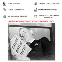 Load image into Gallery viewer, Digitally Restored and Enhanced 1937 Napoleon Hill Photo Print - Vintage Photo of Napoleon Hill Holding His Book Think and Grow Rich Wall Art Poster