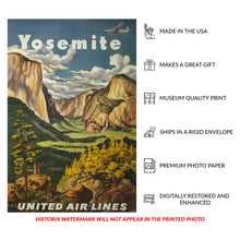 Cargar imagen en el visor de la galería, Digitally Restored and Enhanced 1945 Yosemite National Park United Airlines Travel Poster - Golden Age Aviation - California Art - Archival Print