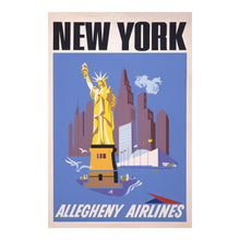 Load image into Gallery viewer, Digitally Restored and Enhanced 1950 New York Allegheny Airlines Travel Poster - Statue of Liberty Manhattan Skyline - Mid-Century Aviation - Archival Print