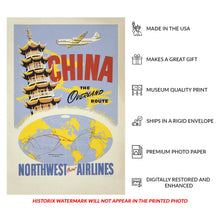 Load image into Gallery viewer, Digitally Restored and Enhanced 1950 China Northwest Orient Airlines Travel Poster - Overland Route Pagoda Map - Mid-Century Transpacific - Archival Print