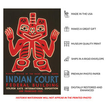Cargar imagen en el visor de la galería, Digitally Restored and Enhanced 1939 Indian Court Haida Blanket Alaska Golden Gate Exposition WPA Federal Art Project Poster - Depression Era Art Deco - Archival Reproduction