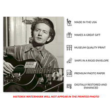 Cargar imagen en el visor de la galería, Digitally Restored and Enhanced 1943 Woody Guthrie Photo Print - Vintage Photo of American Singer Songwriter Woody Guthrie Portrait Holding His Guitar