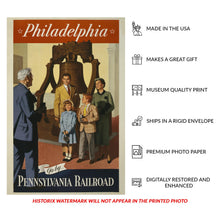 Load image into Gallery viewer, Digitally Restored and Enhanced 1955 Philadelphia Pennsylvania Railroad Travel Poster - Vintage Liberty Bell Tourism Art - American Railway History - Archival Reproduction