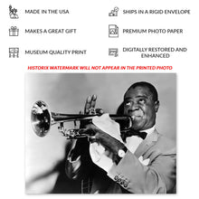 Load image into Gallery viewer, Digitally Restored and Enhanced 1953 Louis Armstrong Photo Print - Vintage Portrait Photo of Louis Daniel Armstrong Playing The Trumpet Wall Art Poster
