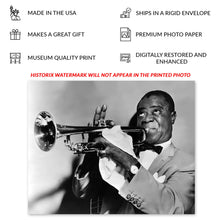 Load image into Gallery viewer, Digitally Restored and Enhanced 1953 Louis Armstrong Photo Print - Vintage Portrait Photo of Louis Daniel Armstrong Playing The Trumpet Wall Art Poster