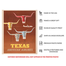 Cargar imagen en el visor de la galería, Digitally Restored and Enhanced 1953 Texas American Airlines Travel Poster - Longhorn Cattle - Golden Age Aviation - Museum-Quality Print