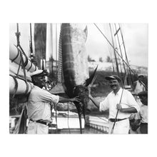 Load image into Gallery viewer, Digitally Restored and Enhanced 1930 Ernest Hemingway Photo Print - Old Photo of Ernest Hemingway with Captain Joe Russell Big Game Fishing Wall Art Poster