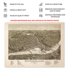 Load image into Gallery viewer, Digitally Restored and Enhanced 1886 Chippewa Falls Map Print - Vintage Bird's Eye View Map of Chippewa Falls Wisconsin Wall Art Poster