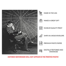 Cargar imagen en el visor de la galería, Digitally Restored and Enhanced 1896 Nikola Tesla Photo Print - Vintage Photo of Nikola Tesla Reading Theoria Philosophiae Naturalis - Nikola Tesla Poster