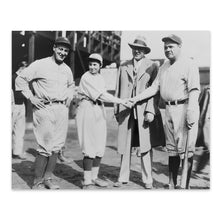Load image into Gallery viewer, Digitally Restored and Enhanced 1952 Jackie Mitchell & Babe Ruth Photo Print - Old Photo of Jackie Mitchell and Babe Ruth with Lou Gehrig Joe Engel Poster
