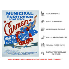 Load image into Gallery viewer, Digitally Restored and Enhanced 1936 Long Beach California Carmen Opera WPA Federal Art Project Poster - Depression Era Art Deco - Archival Reproduction