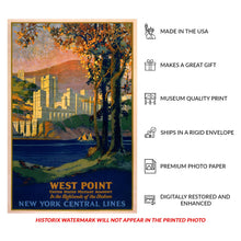 Cargar imagen en el visor de la galería, Digitally Restored and Enhanced 1920 West Point Military Academy Hudson River Travel Poster - Golden Age Tourism Art - Archival Reproduction