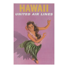 Load image into Gallery viewer, Digitally Restored and Enhanced 1960 Hawaii United Air Lines Travel Poster - Hawaiian Hula Dancer - Mid-Century Pacific Aviation - Archival Print