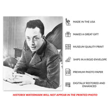 Cargar imagen en el visor de la galería, Digitally Restored and Enhanced 1957 Albert Camus Photo Print - Vintage Portrait Photo of Nobel Prize Winner Albert Camus Poster