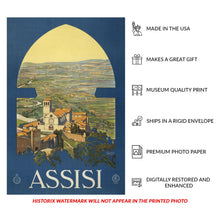 Load image into Gallery viewer, Digitally Restored and Enhanced 1920 Assisi Italy Medieval Hill Town Travel Poster - European Tourism Art - Archival Reproduction
