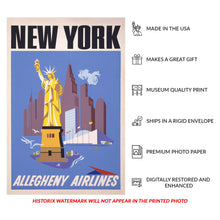 Load image into Gallery viewer, Digitally Restored and Enhanced 1950 New York Allegheny Airlines Travel Poster - Statue of Liberty Manhattan Skyline - Mid-Century Aviation - Archival Print