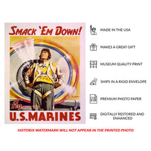 Load image into Gallery viewer, Digitally Restored and Enhanced 1942 Smack Em Down Fly US Marines WWII Recruitment Poster - World War II Military Propaganda - Archival Reproduction