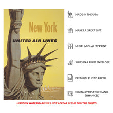 Cargar imagen en el visor de la galería, Digitally Restored and Enhanced 1960 New York United Air Lines Travel Poster - Statue of Liberty Manhattan Skyline - Mid-Century Aviation - Archival Print