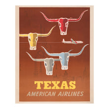 Cargar imagen en el visor de la galería, Digitally Restored and Enhanced 1953 Texas American Airlines Travel Poster - Longhorn Cattle - Golden Age Aviation - Museum-Quality Print