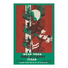 Cargar imagen en el visor de la galería, Digitally Restored and Enhanced 1936 Keep Your Fire Escapes Clear New York City Tenement WPA Federal Art Project Poster - Depression Era Art Deco - Archival Reproduction