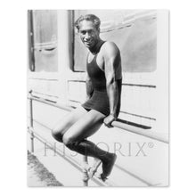 Load image into Gallery viewer, Digitally Restored and Enhanced 1929 Unframed Duke Kahanamoku Sitting on Railing Print Photo - Vintage Olympic Swimmer Duke Kahanamoku Poster Wall Art