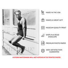 Load image into Gallery viewer, Digitally Restored and Enhanced 1929 Unframed Duke Kahanamoku Sitting on Railing Print Photo - Vintage Olympic Swimmer Duke Kahanamoku Poster Wall Art