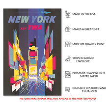 Cargar imagen en el visor de la galería, Digitally Restored and Enhanced 1956 New York Travel Poster Print - Vintage Airline Poster Fly TWA Abstract Times Square New York Wall Art by David Klein