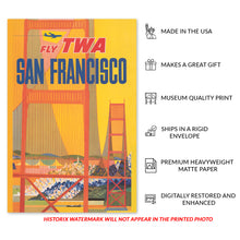 Load image into Gallery viewer, Digitally Restored and Enhanced 1957 San Francisco Travel Poster Print - Vintage Airline Poster Fly TWA Stylized Golden Gate Bridge California Wall Art