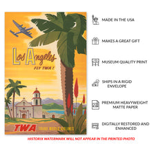 Load image into Gallery viewer, Digitally Restored and Enhanced 1950 Los Angeles Travel Poster Print - Vintage Airline Poster Fly TWA Los Angeles California Poster Wall Art by Bob Smith