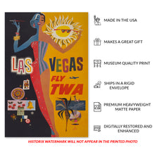 Load image into Gallery viewer, Digitally Restored and Enhanced 1960 Las Vegas Travel Poster Print - Vintage Airline Poster of Las Vegas - Old Las Vegas Fly TWA Poster by David Klein
