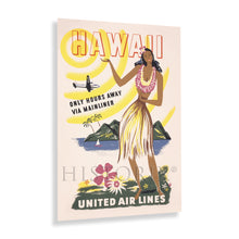 Load image into Gallery viewer, Digitally Restored and Enhanced 1950 Hawaii Travel Poster Print - Restored United Air Lines Hawaii Only Hours Away Via Mainliner Travel Poster Wall Art