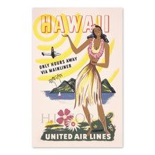 Load image into Gallery viewer, Digitally Restored and Enhanced 1950 Hawaii Travel Poster Print - Restored United Air Lines Hawaii Only Hours Away Via Mainliner Travel Poster Wall Art