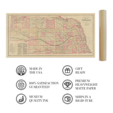 Load image into Gallery viewer, Digitally Restored and Enhanced 1885 Nebraska Map - Vintage Map of Nebraska Wall Art Decor - Topographical Map of Nebraska Poster - Old Historic Nebraska State Map Showing Settlements Railroads