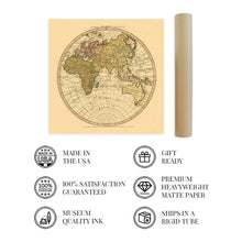 Cargar imagen en el visor de la galería, 1786 Cartel del mapa del mundo antiguo del hemisferio oriental - Arte de la pared del mapa del mundo del hemisferio oriental vintage - Mapa del mundo del hemisferio oriental antiguo