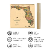 Load image into Gallery viewer, Digitally Restored and Enhanced 1856 Florida State Wall Map - Vintage Map Wall Art - Vintage Florida Map Poster Showing Cities, Towns, Roads, Trails and Railroad Lines - Vintage Florida Poster