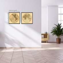 Cargar imagen en el visor de la galería, 1786 Arte de la pared del mapa del mundo del hemisferio oriental y occidental - Cada uno de los mapas vintage del hemisferio oriental y occidental del mundo - Impresión del póster del mapa del viejo mundo (Combo)