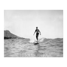Load image into Gallery viewer, Digitally Restored and Enhanced 1929 The Surf Rider Photo Print - Restored Man Riding Wave on Surfboard - Honolulu Hawaii Surfing Poster Wall Art