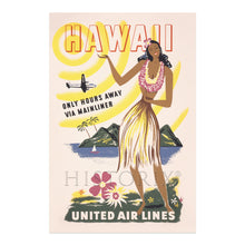 Load image into Gallery viewer, Digitally Restored and Enhanced 1950 Hawaii Travel Poster Print - Restored United Air Lines Hawaii Only Hours Away Via Mainliner Travel Poster Wall Art