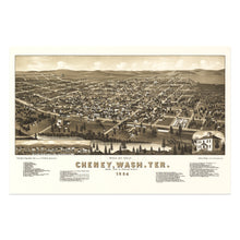 Load image into Gallery viewer, Digitally Restored and Enhanced 1884 Cheney Washington Map Poster - Old Bird's Eye View Map of Cheney Spokane Washington Territory Print Wall Art