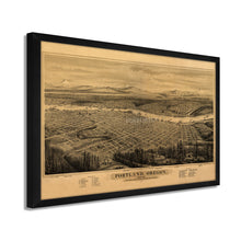 Cargar imagen en el visor de la galería, Digitally Restored and Enhanced 1879 Portland Oregon Map Print - Framed Vintage Portland Map - Old Bird's Eye View of Map of Portland City Wall Art Indexed for Points of Interest