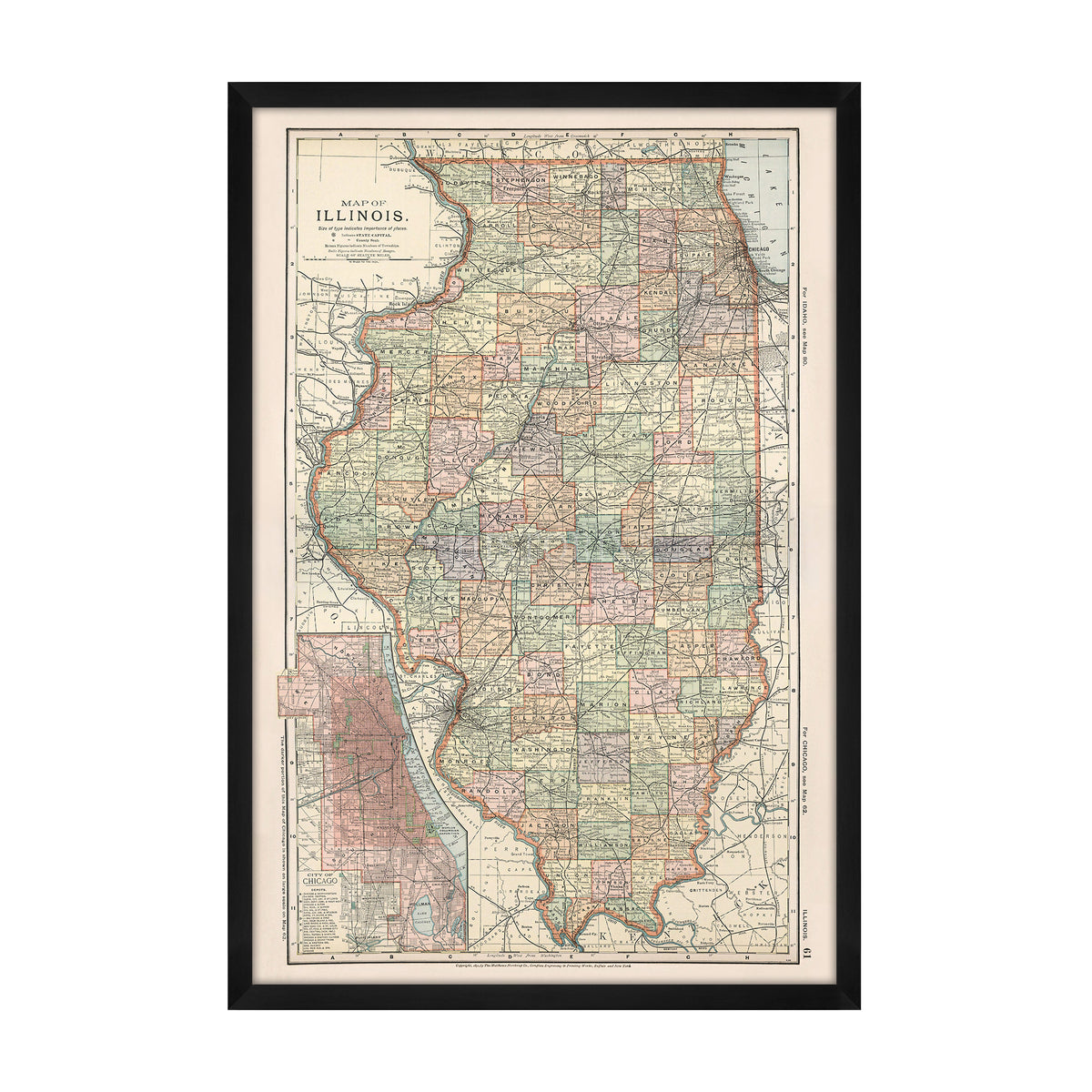 1891 Map of Illinois Showing the City of Chicago Framed Wall Art